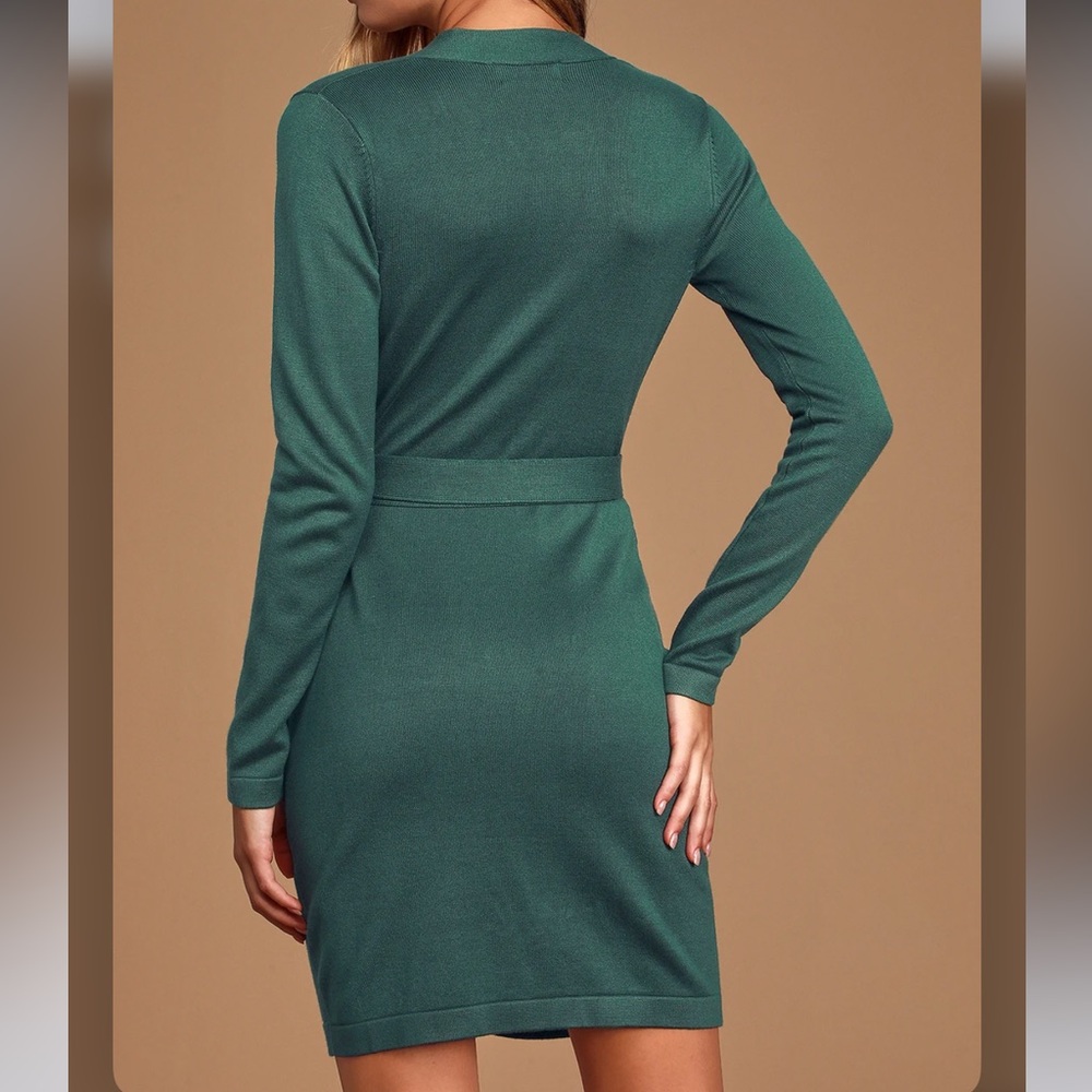 Lulus Literary Lover Forest Green Wrap Sweater Dress - Picture 3 of 12